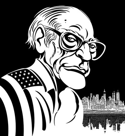 Arthur Miller, American playwright (1915-2005); black-and-white caricature, draped in American flag by Neale Osborne
